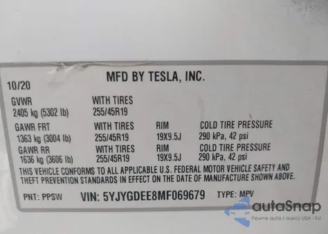2021 Tesla Model Y Long Range Dual Motor All-Wheel Drive z USA, uszkodzony, nr VIN 5YJYGDEE8MF069679